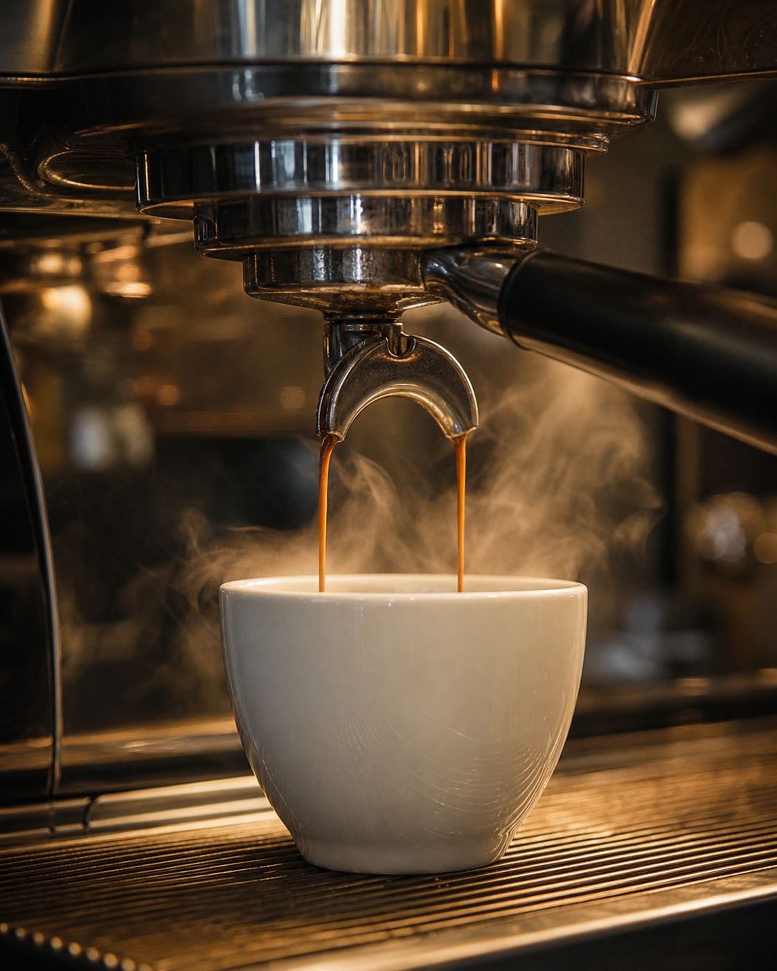 Dois fios de café expresso a cair numa chávena branca.