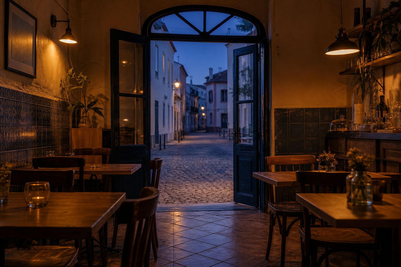 Sala de café ao anoitecer, aberta para uma rua de calçada.